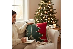 BUCCIA DI MELA Cuscino Decorativo Natalizio – 45x45 cm – Velluto con Ricami Albero e Palle di Natale – Cuscino Arredo Imbottito e Sfoderabile con Cerniera a Scomparsa – 1 Pezzo (Verde/Rosso)