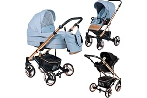 EMJOT Poussette Combinée Trio 3 en 1 Neri Edition Exclusive RoseGold "Summer Sky" Bleu Pastel – Landau, poussette promenade, siège auto "i-Size" Groupe 0+ - Avec ses accessoires.