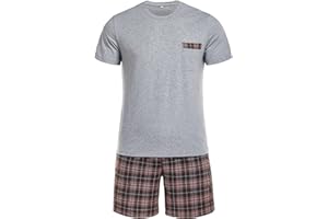 Winovia Piżama męska, krótka, 100% bawełna, krótki rękaw, bielizna nocna, zestaw z okrągłym dekoltem i spodniami w kratkę