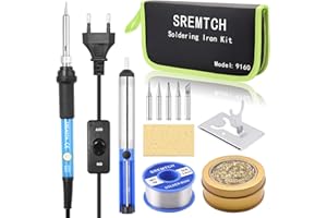 Saldatore Kit, SREMTCH 60W Saldatore a Stagno con Interruttore ON/OFF, Temperatura Regolabile 200℃~450℃, 5 Punte di Saldatura,Pompa Dissaldante,Saldatura 50g,Mini Supporto, Spugna, Borsa PU