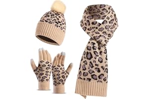 LumiSyne Invernali 3 Pezzo Cappello Sciarpa Guanti Per Donna Berretto Beanie Sciarpa Lunga Guanti Touch Screen Lavorato a Maglia Con Leopardata Pompon Calda Morbido Spessa Fodera In Pile