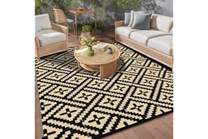 Momooda Tapis D'extérieur Géométrique en Paille en Plastique avec Protection Anti-UV Réversible Lavable et Imperméable pour Camping, Jardin, Balcon, Camping-Car, Noir Beige, 274x365cm