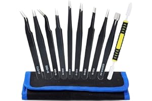 ISIYINER Pinzas de Precisión 10 Piezas Pinzas Antiestáticas de ESD para Electrónicas Joyería Laboratorio Ceja Belleza con Punta Redonda Plana