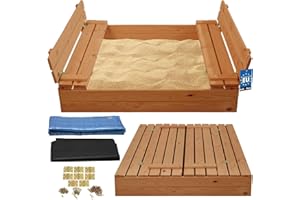 KOTARBAU® Bac à Sable en Bois Traité 120x120 cm Marron avec Couvercle Refermable pour Enfant Extérieur