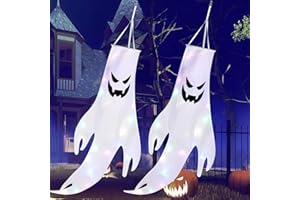 Lot de 2 manches à vent fantômes d'Halloween à suspendre avec lumière LED - Décoration pour véranda, pelouse, patio, jardin (horreur)