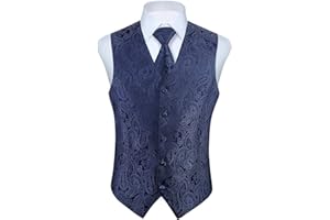 HISDERN Chaleco Traje Hombre Paisley Floral Jacquard Chaleco y Corbata y Pañuelo Set Chalecos Hombre de Vestir Elegantes Boda Fiesta
