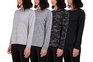 REAL ESSENTIALS Lot de 4 t-shirts d'entraînement Dry-Fit Tech Stretch à manches longues pour femme (disponibles en grande taille), Lot 5, Taille