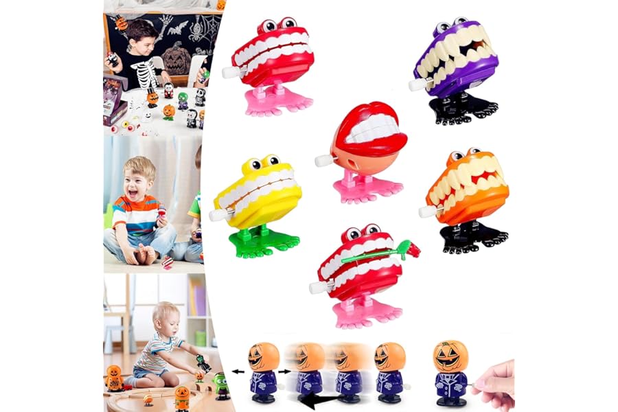 6Pcs Chattering Teeth Wind Up Toys for Kids, Funny Jumping Tooth Bucket, Popping Novelty Walking Clockwork Toy for Trick and Treat Goody Bag Fillers, Halloween Party
