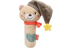 Fehn 060478 Orso con sonaglio da afferrare con impugnatura, peluche con sonaglio e squeaker, per neonati e bambini da 0+ mesi, dimensioni 16 cm