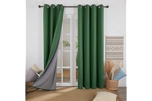 Deconovo Faux Linen Full Blackout Curtains Energy Saving 100% Blackout Curtains Bedroom Theraml Insulated Curtains for Livingroom with Coating Back Layer 46 x 54 Inch Forest Green 1 Pair