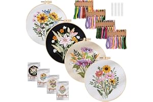 SUNOYA 4 Pezzi Ricamo Starter Kit, Kit per Ricamo con Motivo e Istruzioni, Ricamo Starter Kit Set da Punto Croce, Set da Ricamo per Principianti, Adulti e Bambini, Ricamato con Motivo a Floreale
