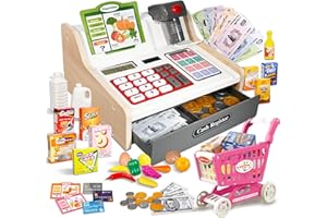 HILKKET Kasse Kinder Holz mit Scanner und Sound, Spielkasse Kinder Set für Jungen Mädchen ab 3-6 Jahren, Elektronische Spielzeug Kaufladen Zubehör, Kinderkasse Kaufladen Rollenspiel Geschenk