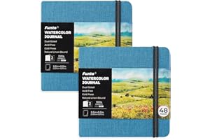 Funto Watercolour Journal, Square, Dual-Sided Cold-Pressed Paper, 5.5" x 5.5", Portable 2-Pack, 48 Pages Each, Blue Cover with Elastic Band, 110 lb/230gsm, Art Supplies for Mixed Media
