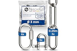 NIETFULLTHINGS 3 unidades de 25cm = 0,25 metros de cadena de extensión de 3mm de grosor de acero inoxidable, carga de rotura máx. 350kg, con grillete de rosca V4A, kit de fijación, suspensión de saco de boxeo hamaca