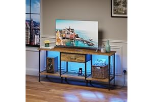 OYRREU Mobile TV con Presa, Supporto TV con Illuminazione a LED, Cassetto in Tessuto e Ripiani Aperti, 120 cm Mobile TV per TV fino a 55″ per Soggiorno e Camera da Letto, Marrone Rustico