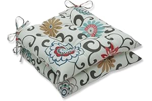 Pillow Perfect Tufted, Weather, and Fade Resistant, Blue/Brown Pom Play, 18.5" x 19"