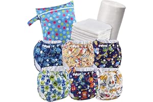 JUICY BUMBLES Couche Lavable Bebe 0 a 3 ans - Pack 6 Couches Lavables en Tissu te2 + 6 Inserts en Bambou + Voile de Protection Jetable pour Couche Lavable à Poche