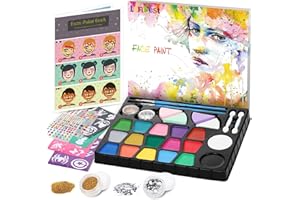 lenbest Truccabimbi Kit - 17 Colori Truccabimbi Kit Anallergici Atossici con Glitter | Pennelli | Spugnette Trucco | Stencil - Trucchi Halloween Bambini - Trucco Halloween, Carnevale, Natale, Pasquale