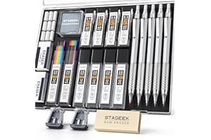 ‎STAGEEK STAGEEK 5Stück Druckbleistifte Set,0,3 0,5 0,7 0,9 2,0mm metall mechanischer bleistift mit 384 Minen(6B, 4B, 2B, HB, 2H, 4H, Farbe),schreibwaren,für Künstler, Skizzieren, Zeichnen，silber