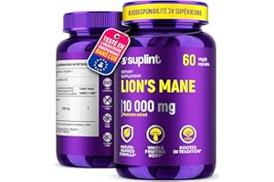 SUPLINT Gélules Lions Mane 10 000 mg – Extrait de Champignon Crinière de Lion 10:1 (Hericium Erinaceus) – 60 Gélules Véganes – Sans OGM & Naturel