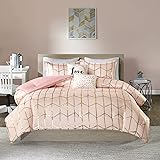 Intelligent Design Raina Twin/Twin XL Comforter Set, Soft Microfiber Comforter Set, Modern Geometric Metallic Bed Set, 4 Pieces College Bedding Comforter Set with 1 Sham, 2 Toss Pillows Blush