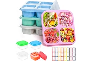 PEAKTOP 4 pojemniki na przekąski z 4 przegródkami, pudełko na przekąski z przegródkami, pudełka na przekąski dla dorosłych i dzieci, 2 małe pudełka na sosy, zestaw pudełek na lunch, na piknik, podróż