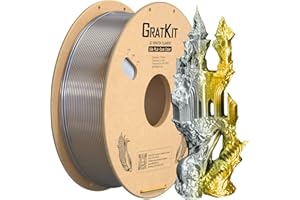 GratKit Filamento PLA Seda Doble-Color, Coextrusion Filamento de Impresión 3D 1.75mm, -0.03mm, 1KG Carrete (2.2 LBS), Silk PLA Oro y Plata