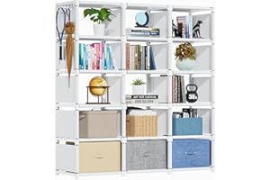 Tienily Book Shelf, Cube Storage Organizer, DIY Bookcase, Portable Metal Bookshelf, Tall Book case for Bedroom, Living Room, Study Room, Office, Closet, Black Cubicle Rack (White, 15-Grid)