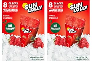 ‎SUN LOLLY Sun Lolly Wassereis Erdbeere 8 Stk | Mit Fruchtsaft | Zum Selbsteinfrieren | Ohne künstliche Aromen | Frei von Süßungsmittel | Laktosefrei | Glutenfrei | 8 x 60ml | 2er Pack