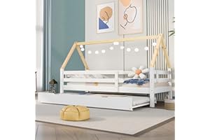 ‎MERAX Merax Hausbett 200x90cm, Kinderbett Funktionsbett mit Rausfallschutz und Lattenrost, Tagesbett Ausziehbett mit Rollen unten, Holz Baumhausbett für Mädchen & Jungen, Weiß+Naturfarbener