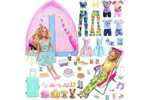 CARREUTY 43 Kleidung Camping Sets Kompatibel mit Barbie 11.5inch Puppe, 1 Zelt 1 Liegestuhl 4 Oberteile 4 Hosen 1 Rock 1 Fernglas 1 Reisegepäck 24 Zubehör 6 Schuhe für 11,5 Zoll Puppe Mädchen Geschenk Zufällig