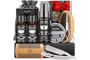 COMFY MATE Kit Barbe pour Hommes, Coffrets de Soins pour Cheveux avec Huile à Barbe, Ciseaux pour Moustache et Barbe, Brosse Barbe, Shampooing Barbe, Peigne, Cadeau pour Homme, Coffret Cadeau Homme pour Papa