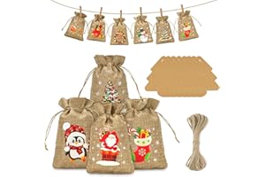 jijAcraft Calendario dell'Avvento da riempire, sacchetti di iuta: 10 x 15 cm, sacchetti di iuta per bambini, 24 sacchetti regalo di Natale con ciondoli di abete e filo di iuta per decorazioni