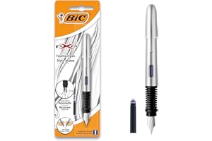 BIC Xpen - Stylo-Plume Rechargeable fourni avec une Cartouche d’Encre Bleue - Corps Chromé, Blister de 1