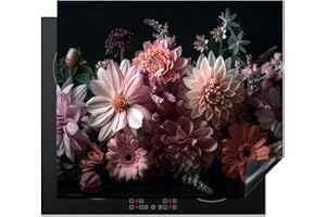 KitchenYeah© Protège Plaque Induction 60x52 cm Deco Cuisine Protection Pour Plan De Travail Cuisson Protégé Fleurs - Nature - Rose - Noir - Dahlia