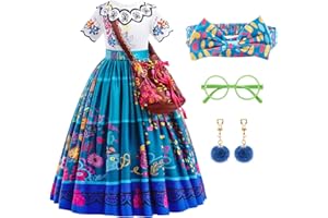 KITIMI Deguisement Encanto Mirabel Enfant Robe Madrigal, Costume d'Isabella Mirabel Encanto avec Lunettes Bandeau et Boucles d'oreilles, Filles Robe de Princesse pour Halloween Carnaval Cosplay, 3-8 ans