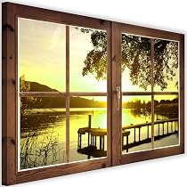 Tableau Déco Mural Toile Intissé 90x60cm - Coucher De Soleil Plage - Effet 3D - Prêt à Accrocher