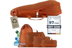 TRAVEL DUDE Zestaw toreb do pakowania z kompresją z butelek plastikowych pochodzących z recyklingu | zestaw torebek do pakowania do plecaka i walizek | Pomarańczowy 4-częściowy