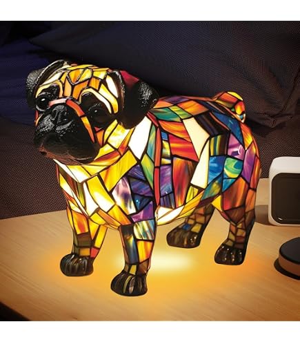 Mops Tischlampe – Lustige Figur Als Lampenbasis, Stoffschirm, Höhe Ca. 35 Cm, Für E14 Birne (ohne Deko)