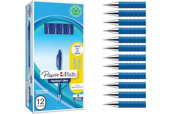 Paper Mate Flexgrip - Bolígrafo, punta mediana de 1.0 mm, caja de 12, color azul