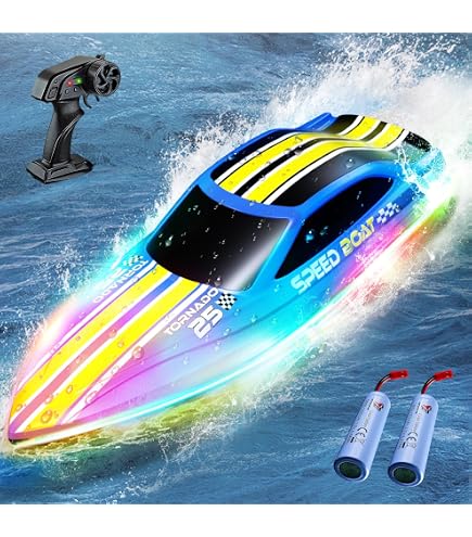 Bateau Télécommandé LED 2,4 GHz – Grande Vitesse 15 Km/h – Double Hélice – Pour Lac, Piscine, Étang – Cadeau Enfant