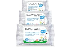 RAWGANIC Lingettes Bébé Bio Ultra-douces Aloe Vera | Coton Bio Biodégradable | Visage, Siège et Corps | Lingettes Humides Hypoallergéniques Sans Parfum (Lot de 3 paquets soit 150 lingettes)