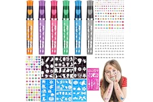 Aotfusd Błyszczące pisaki do tatuażu dla dzieci, 6 kolorowych pisaków do tatuażu z 9 szablonami, zestaw 5 kamieni strasu, zestaw pisaków żelowych do tatuażu dla chłopców i dziewczynek, na imprezę,