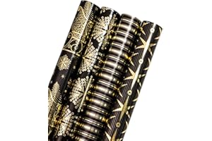 RUSPEPA Rotolo Di Carta Da Regalo Natalizia - Design Festivo Con Slitta Natalizia Nera E Oro Con Lamina Metallica Lucida - 4 Rotoli - 43,5X305 Cm Per Rotolo