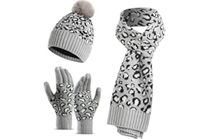 LumiSyne Invernali 3 Pezzo Cappello Sciarpa Guanti Per Donna Berretto Beanie Sciarpa Lunga Guanti Touch Screen Lavorato a Maglia Con Leopardata Pompon Calda Morbido Spessa Fodera In Pile