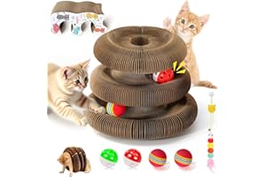 DOUBLECARE 2-Layer Magic Organ Cat Scratcher Board with 4 Interactive Balls and 1 Interactive Cat Feather Toy, Foldable Scratching Pad for Indoor Cats, Magnetic Interactive Organ Toy, Portable Cat Toys
