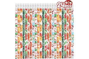 SULOLI 24PCS Christmas Pencils with Eraser Toppers Xmas Novelty Rubbers Stocking Fillers Christmas Eve Box Fillers Party Favours Kids Stationery for Boys and Girls