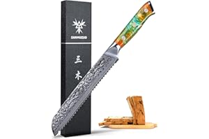 SANMUZUO Couteau à pain lame dentelée de 20cm - manche en acier Damas martelé & résine - Série Yao