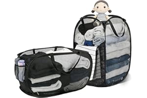 NASXKJI 2 Pcs Large Pop-Up Laundry Baskets 70L + 75L Collapsible Mesh Hampers with Double Layer & Single Compartment Reinforced Handles Portable Laundry Organizer for Home Dorm Camping Travel (Black)