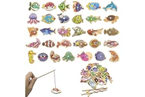 SwirlColor Gioco Pesca Pesci Calamita, 31 Pezzi Giochi di Pesca in Legno per Bambini Gioco di Pesca con 2 Pezzi Canna da Pesca Magnetica per Ragazzi e Ragazze sopra i 3 Anni per Festa di Compleanno